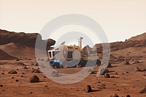 Rover all-terrain vehicle on the surface of Mars. Colonization of Mars, Martian surface and base, building a colony on Mars.