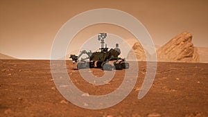 A Rover during a dust storm on the red planet. Curiosity Rover on Mars. 3D Rendering