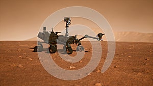 A Rover during a dust storm on the red planet. Curiosity Rover on Mars. 3D Rendering