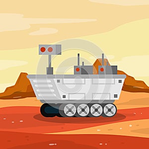 Rover. Space vehicle. Martian landscape. Fantastic machine for exploring