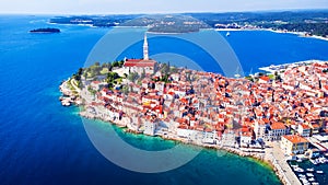 Rovinj, Croatia - Aerial drone view of historical Rovigno in Istria