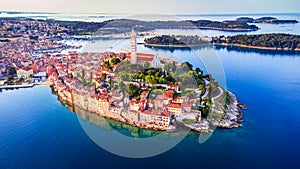 Rovinj, Croatia - Aerial drone view of historical Istria city