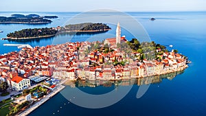 Rovinj, Croatia - Aerial drone view of historical Istria city