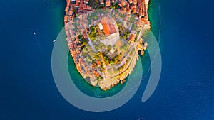 Rovinj, Croatia. Aerial view. Old historic buildings in the bay. Harbor with boats. Beautiful romantic old town of Rovinj during s