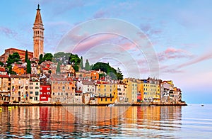 Rovinj Croatia. Sunrise sky above vintage town photo