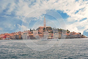 Rovinj, Croatia. Sunset over old town in Istria with Adriatic sea and blue sky