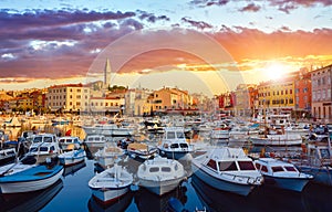 Rovinj Istria Croatia. Motorboats and boats on water in port