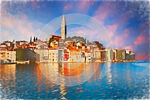 Rovinj, Istria, Croatia: watercolor painting of the town on the coast of the Adriatic sea