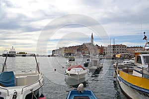 Rovinj Old Town with boats in the foreground