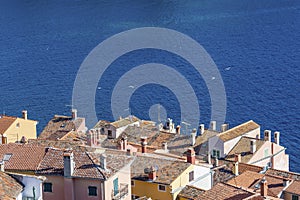 Rovinj old town houses from above