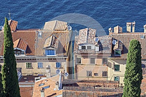 Rovinj old town houses from above