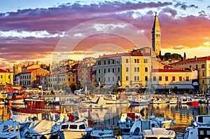 Rovinj old town, Istria, Croatia. Motorboats water in port Rovigno