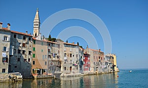 Rovinj old town peninsular with the Church of St. Euphemia on the Adriatic Coast.