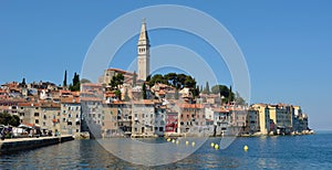 Rovinj old town peninsular with the Church of St. Euphemia on the Adriatic Coast Line Istria Croatia.