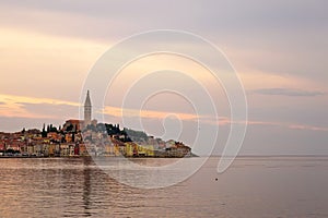 Rovinj. Town of Rovinj waterfront sunset sky view