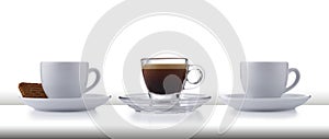 A row of 3 glass and white expresso cups and saucers full of smooth expresso coffee, on a white style bar or table top on white