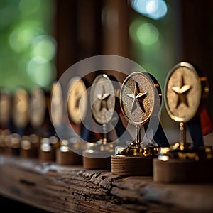 A row of accolades atop a wooden surface radiates success