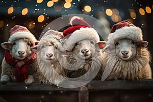 A row of adorable farm animals sheep adorned with Christmas wreaths and Santa hats, spreading holiday cheer. Generative Ai