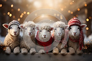 A row of adorable farm animals sheep adorned with Christmas wreaths and Santa hats, spreading holiday cheer. Generative Ai