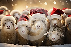 A row of adorable farm animals sheep adorned with Christmas wreaths and Santa hats, spreading holiday cheer. Generative Ai