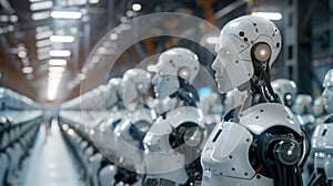 Row of Advanced Humanoid Robots in a Production Facility