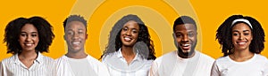 Row Of African Millennial People Portraits Over Yellow Background, Collage