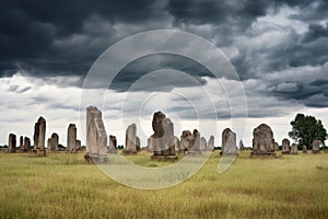 a row of aged gravestones under a cloudy sky