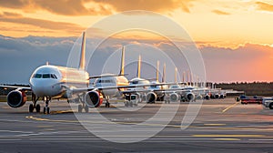 A row of airplanes parked in airport. Vanishing point image of endless row of passenger jets