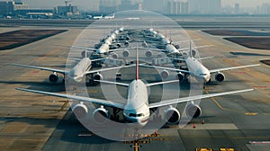 A row of airplanes parked in airport. Vanishing point image of endless row of passenger jets