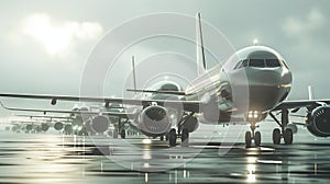 A row of airplanes parked in airport. Vanishing point image of endless row of passenger jets