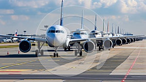 A row of airplanes parked in airport. Vanishing point image of endless row of passenger jets