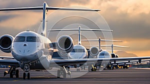 A row of airplanes parked in airport. Vanishing point image of endless row of passenger jets