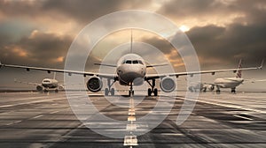 A row of airplanes parked in airport. Vanishing point image of endless row of passenger jets