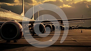 A row of airplanes parked in airport. Vanishing point image of endless row of passenger jets