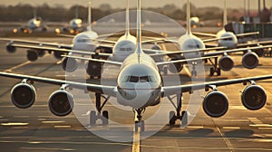 A row of airplanes parked in airport. Vanishing point image of endless row of passenger jets