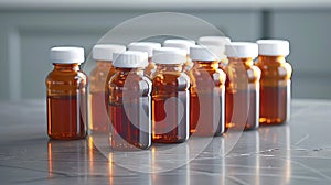 Row of amber glass bottles on a metallic surface. Glass containers with white caps lined up. Concept of pharmaceuticals