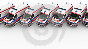 Row of ambulances cars with copy space