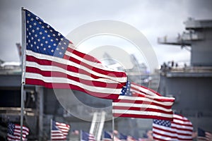 Row of American Flags Blowing in the Wind