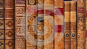 Row of ancient books with leather bindings