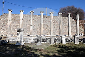 Row of ancient columns on the ruins of Pergamon lower city, Sanctuary of Asclepion, Turkey