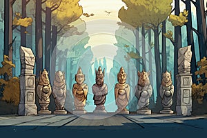 a row of ancient stone statues flanking a dark forest avenue