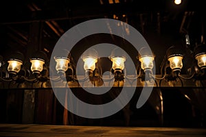 row of antique footlights illuminating a theater stage