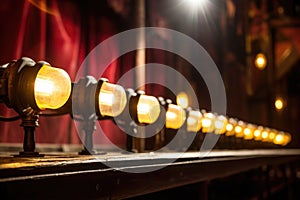 row of antique footlights illuminating a theater stage photo