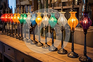 row of antique lamps with colorful glass shades