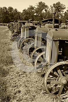 Row of Antique Tractors Sepia