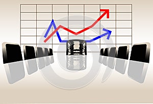 Row of arm-chairs at a table