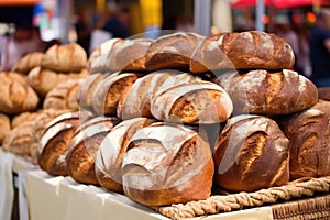 a row of artisanal loaves of bread at a food market