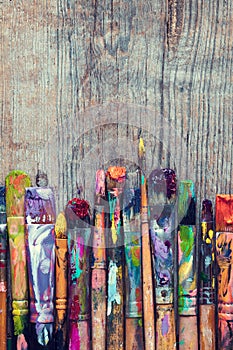 Row of artist paint brushes closeup