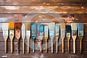 Row of artist paintbrushes closeup on artistic canvas