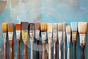 Row of artist paintbrushes closeup on artistic canvas